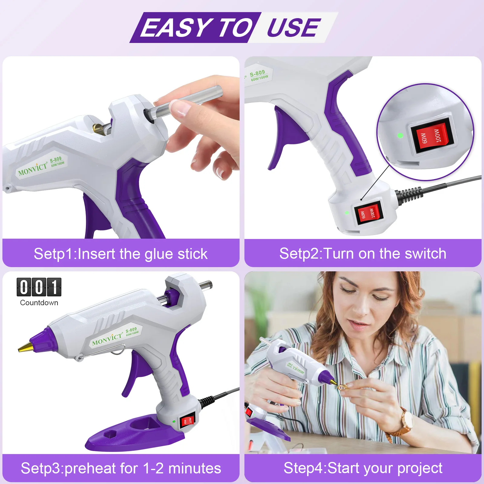 60/100W Full Size Hot Glue Gun (US) with 15Pcs Glue Sticks 11*150mm, 3 Finger Protectors Base Stand Heavy Duty Glue Gun for Home