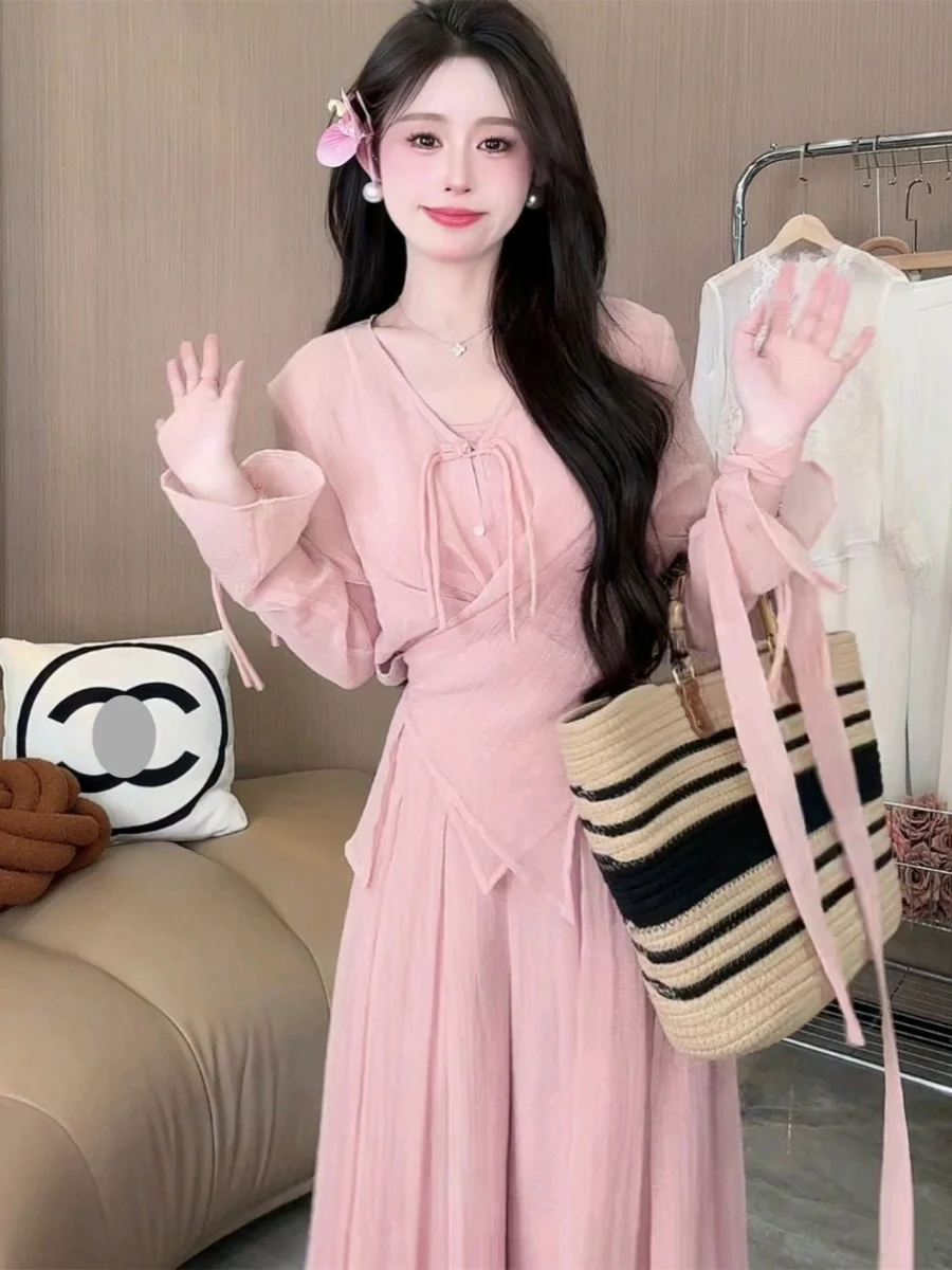 

Spring 2025 Sweet Pink Three-Piece Set High Waist Draped Pants Skirt Fashionable Ensemble Chiffon Material Long Sleeve Top