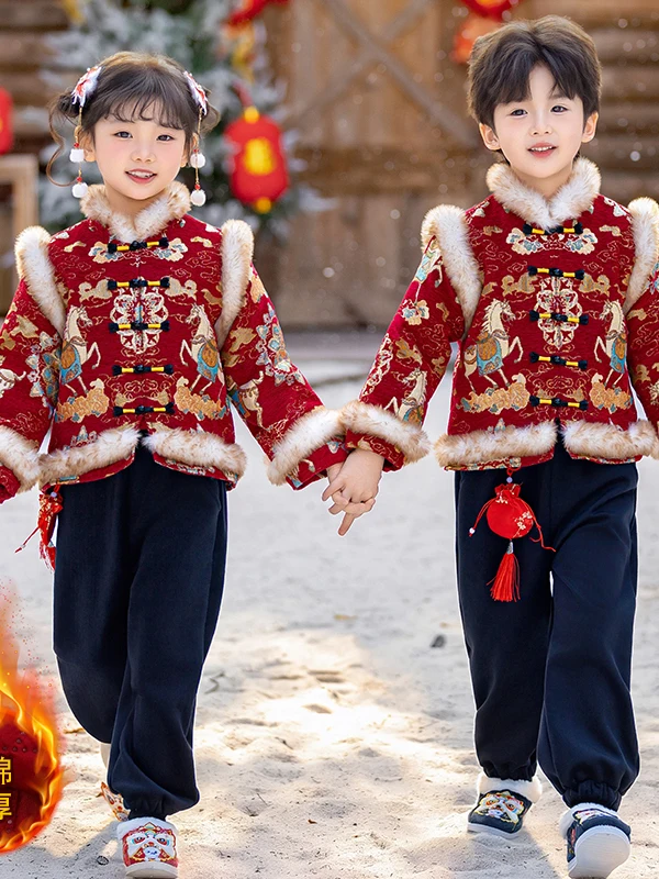 

Детский зимний наряд, китайский новогодний костюм на подкладке Fce, длинный све, красная праздничная одежда для выступлений для мальчиков и девочек...