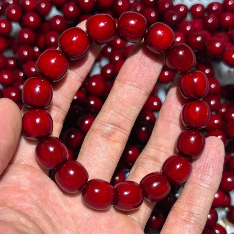 Blood Dragon Amber Wooden Barrel Bead Single Strand Bracelet, High Oil Content, Jade-like Finish, Fully Transparent, Unisex, Nor