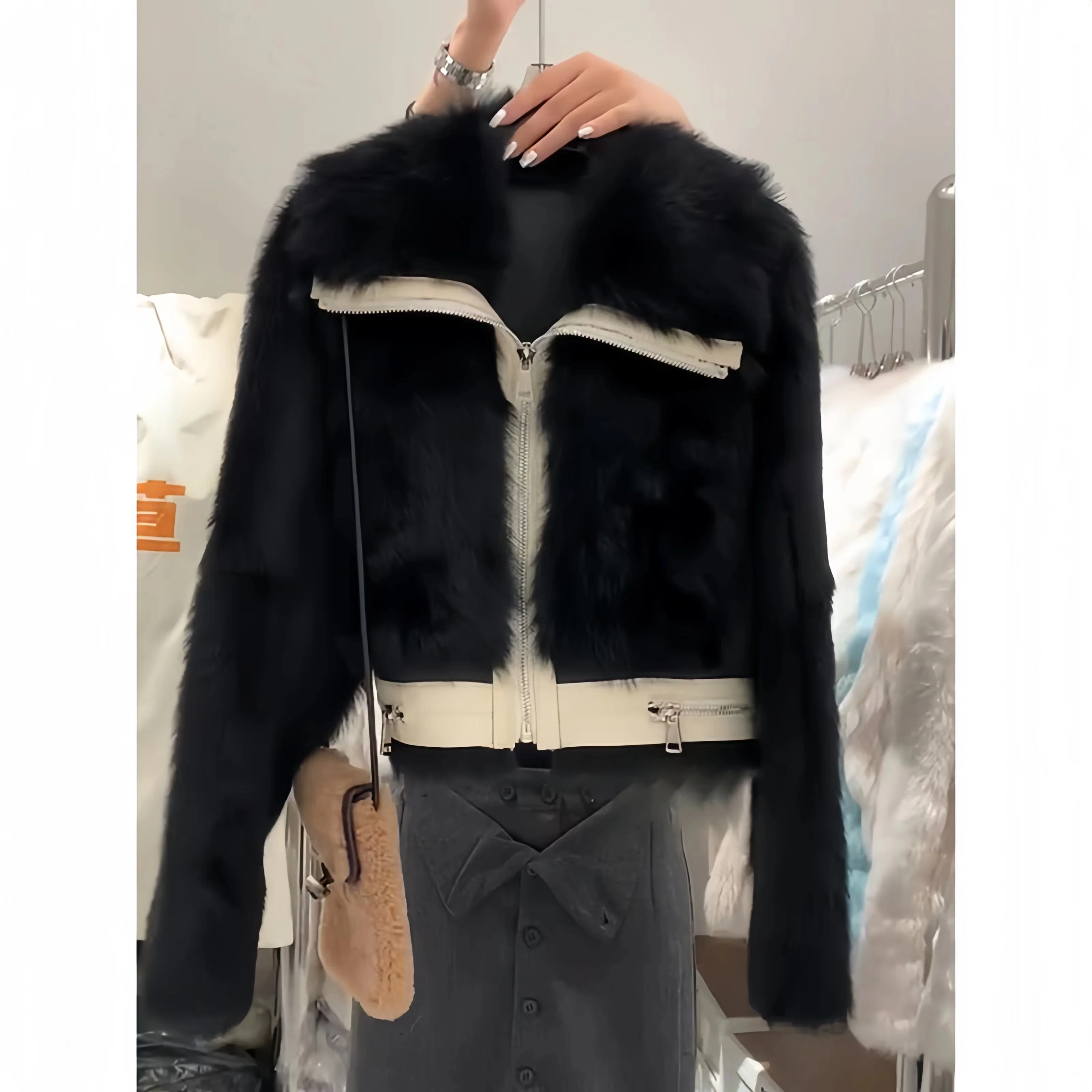 Faux Fox Fur Coat for Women,Korean Jacket,Sailor Collar, Thick Warm Clothes,High Quality,Spliced, Autumn and Winter，2024