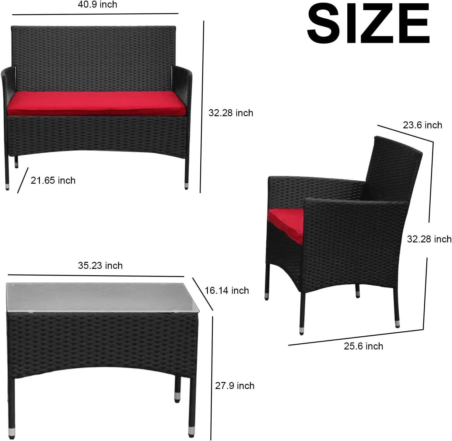 Stück 4 Stück Patio Rattan Sofa mit Kissen, Outdoor Korb möbel Gesprächs stuhl und Glas Couch tisch