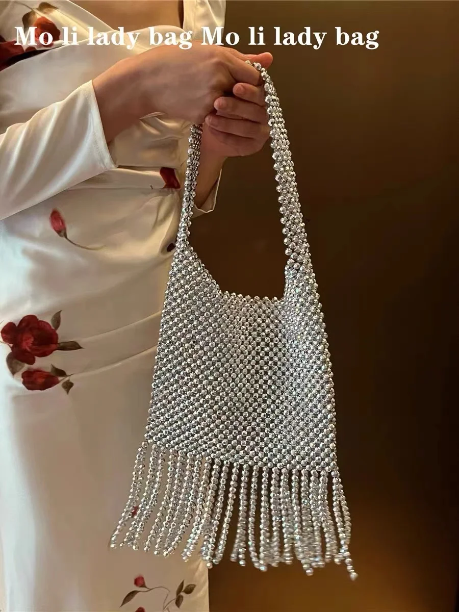 Luxury Acrylic Beads Beading Woven Handmade Shoulder Bag Women Fashion Hanbag Lady Purse Tassel Square Casual Bag Underarm Bag