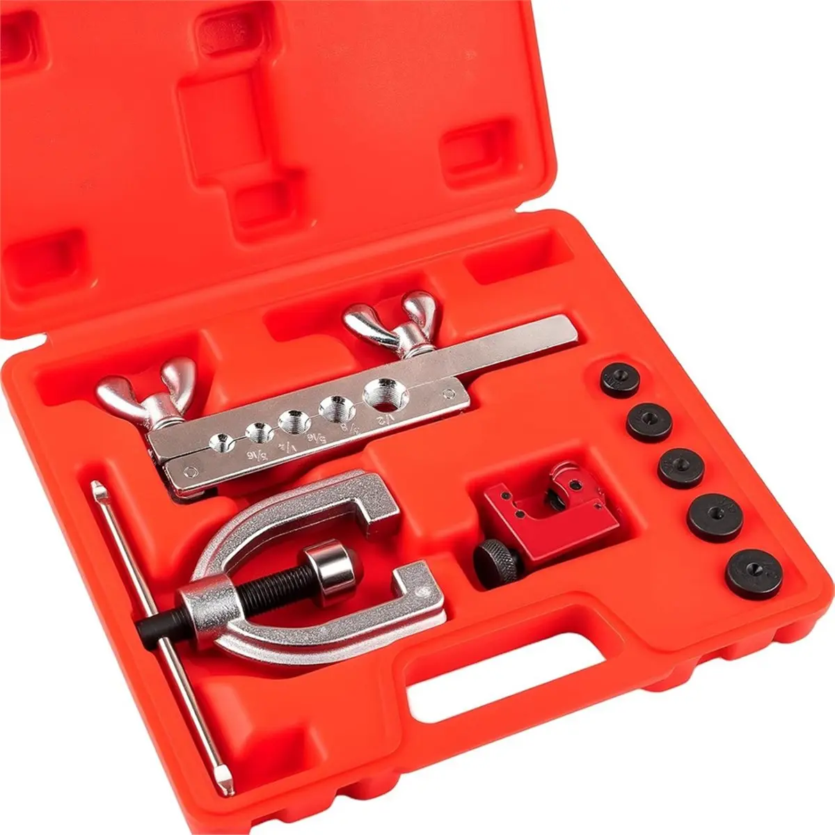 Budget-Friendly-Brake Line Flaring Tool Kit with 5 Adapter, 45 Degrees, Double & Single Flaring Tool Kit for Brass Tubing, Coppe