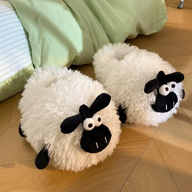 New Sheep Cotton Slipper Wintertime Cute Thermal Indoor Non-slip Bag and Couple Plush Platform Cotton Shoes