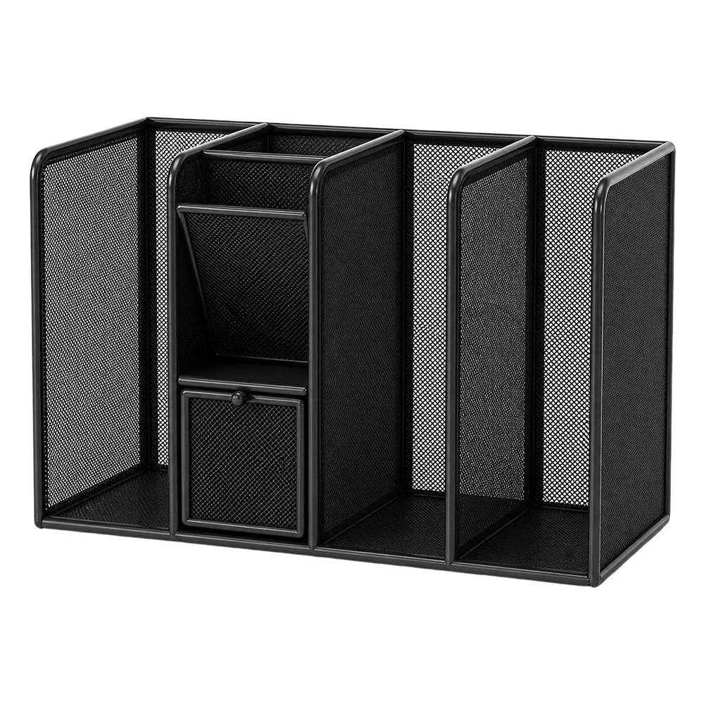 metal-desk-book-rack-mesh-structure-pull-out-drawers-desk-stationery-organizer-with-pen-holder-and-pull-out-drawers