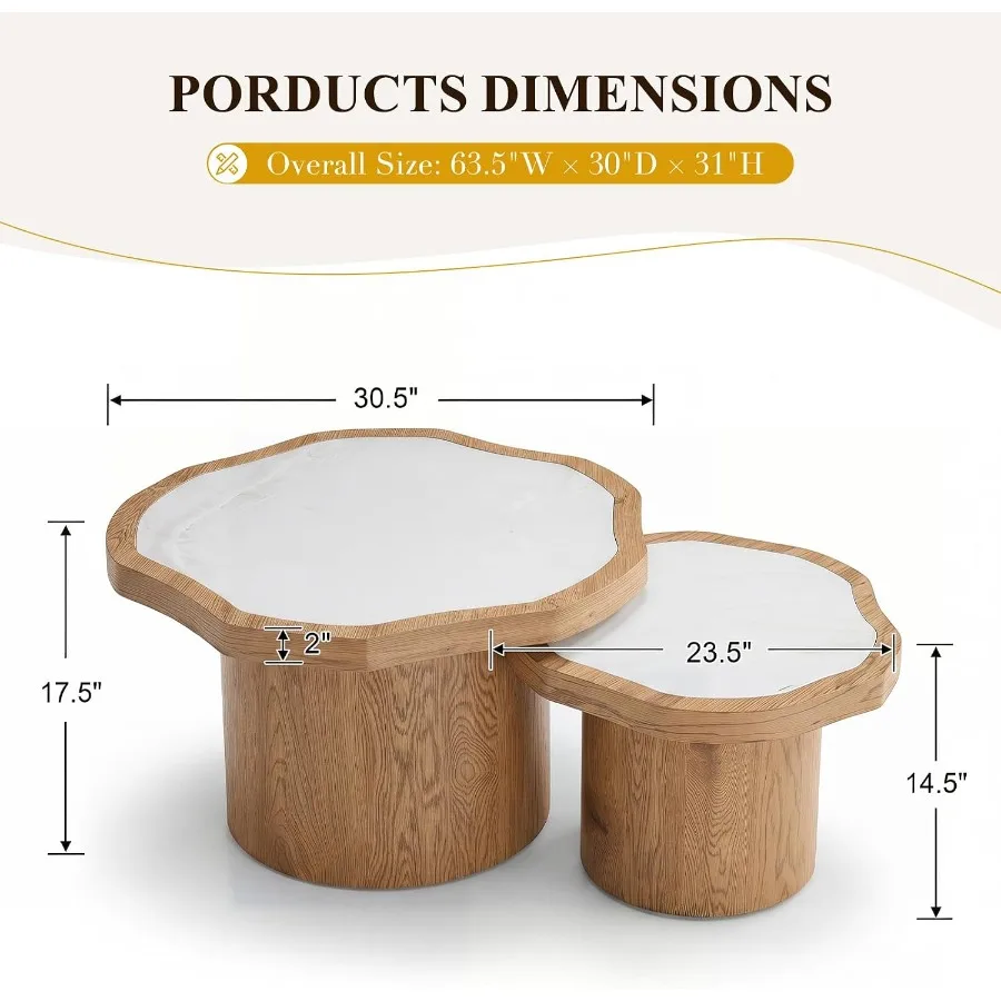 Nesting Coffee Table Set of 2 for Living Room Bedroom, Fiberglass Top with Wood Grain Accent, Modern Design in Neutral Beige