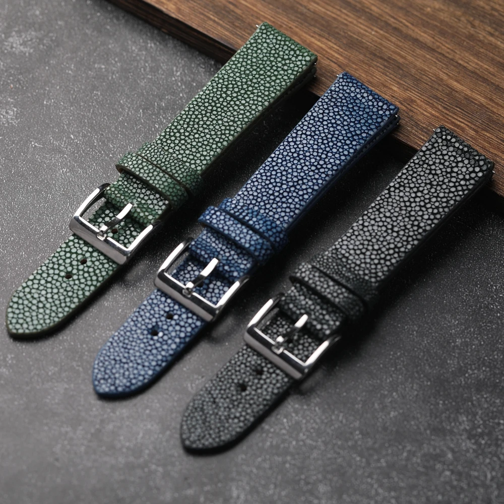 Handmade Pearl Fish Leather Bracelet 18MM 19MM 20MM 21MM 22MM Black Blue Green Watchband Quick Release Watch Strap