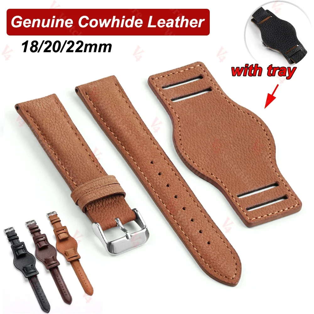 

18mm 20mm 22mm Watch Band with Tray Stitching Cowhide Leather Strap for Samsung Galaxy Watch 3 Active2 40 44mm Huawei Watch Gt2