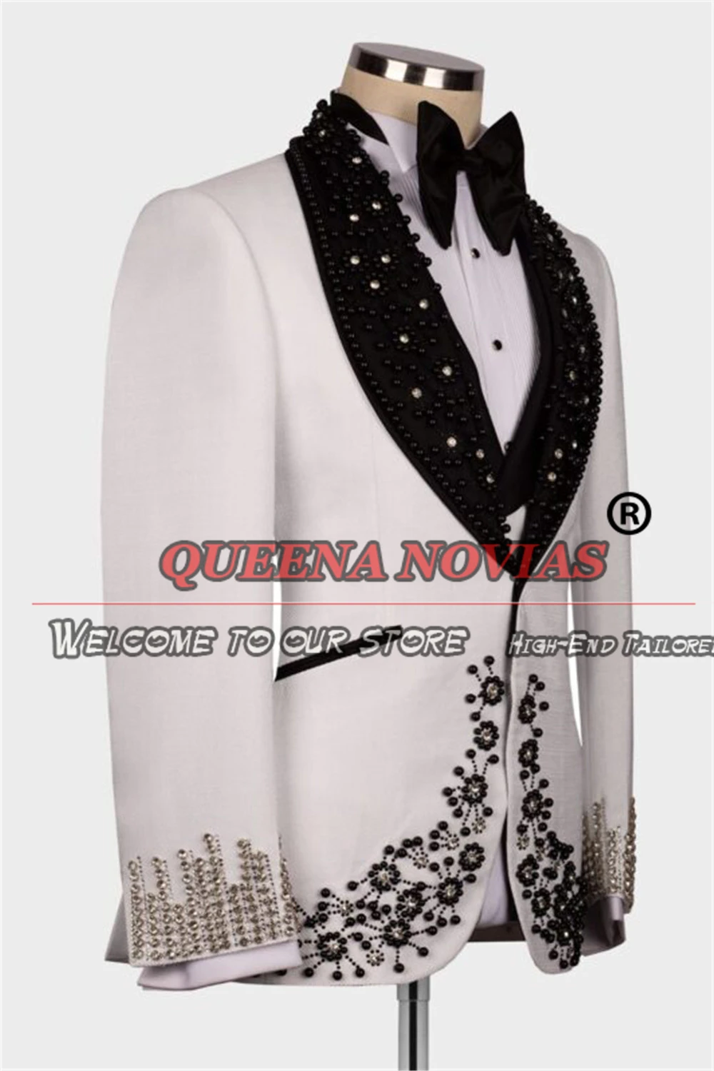 Trajes de boda de novio de marfil, esmoquin de lujo con cuentas de cristal, Etiqueta Negra, hecho a medida, 3 piezas, ropa Formal de fiesta de graduación para hombre