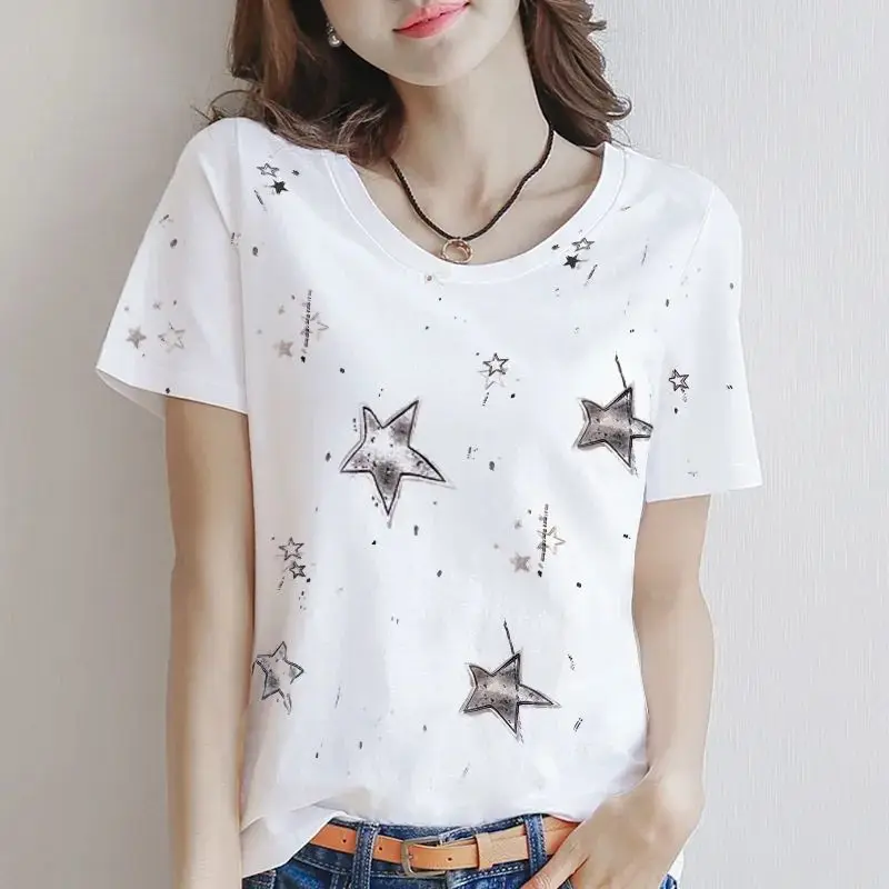 Short-sleeved Printed T-shirt Women\'s Summer 2024 New Korean-style All-match Loose Floral Half-sleeved Top Short-sleeved T-shirt