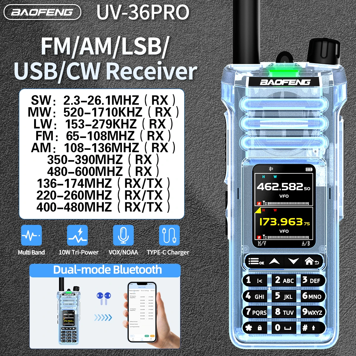 baofeng-uv-36-pro-walkie-talkie-dual-mode-bluetooth-audio-multi-band-receiver-fm-am-lsb-usb-cw-vox-noaa-ham-radio-for-camping