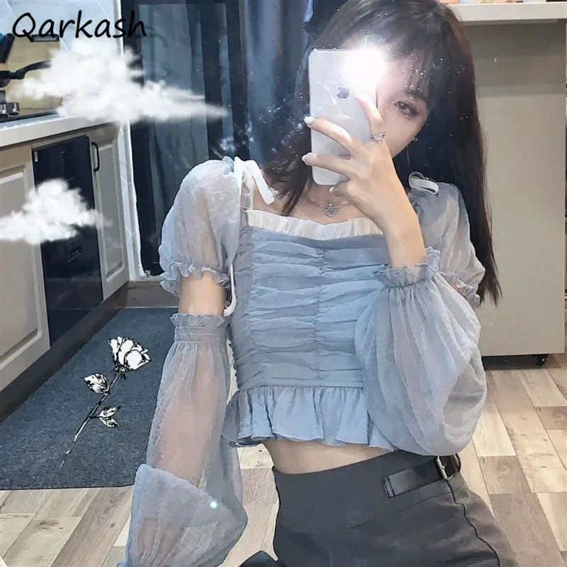 Puff Sleeve Blouses Women Hotsweet Y2k Tops Ruffles Summer Elegant Simple All-match Streetwear Vacation Aesthetic Casual Young