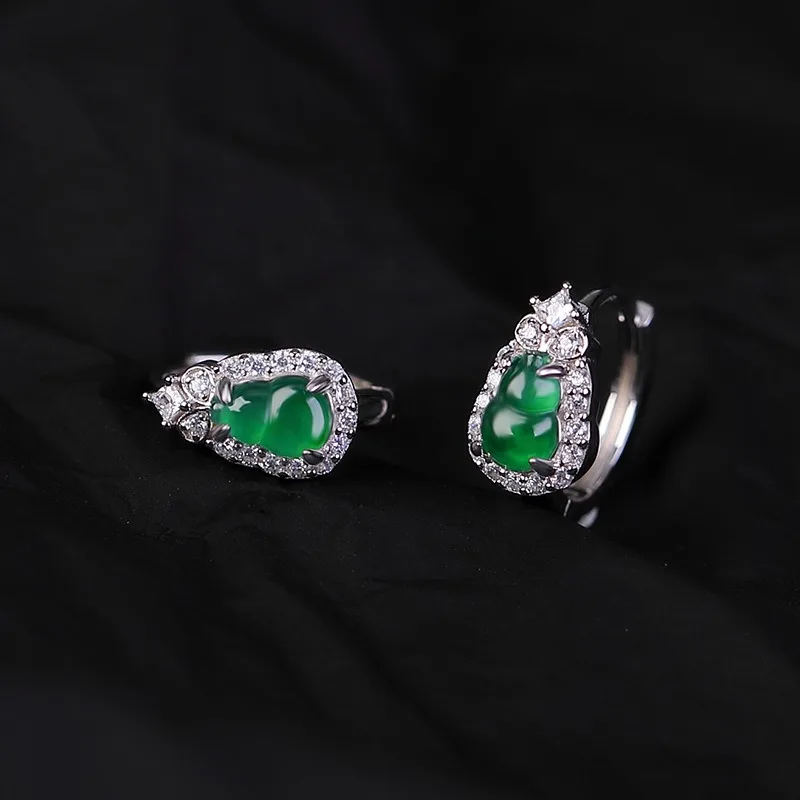 

TIMESWIND Women S925 Silver Green Jade Auspicious Gourd Full Zircon Earring with Certificate