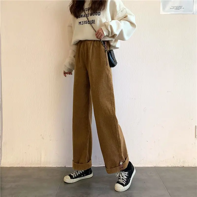 Korean Fleece Wide Leg Pants Female Autumn Winter New Preppy Style Straight Loose Elastic Waist Casual Trousers All-match Pants