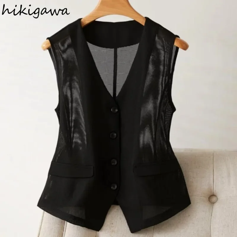 2024 Women Clothing Summer Thin Vest V-neck Sleeveless Gauze Tanks Crop Tops See Through Fashion Waistcoat Chalecos Para Mujer