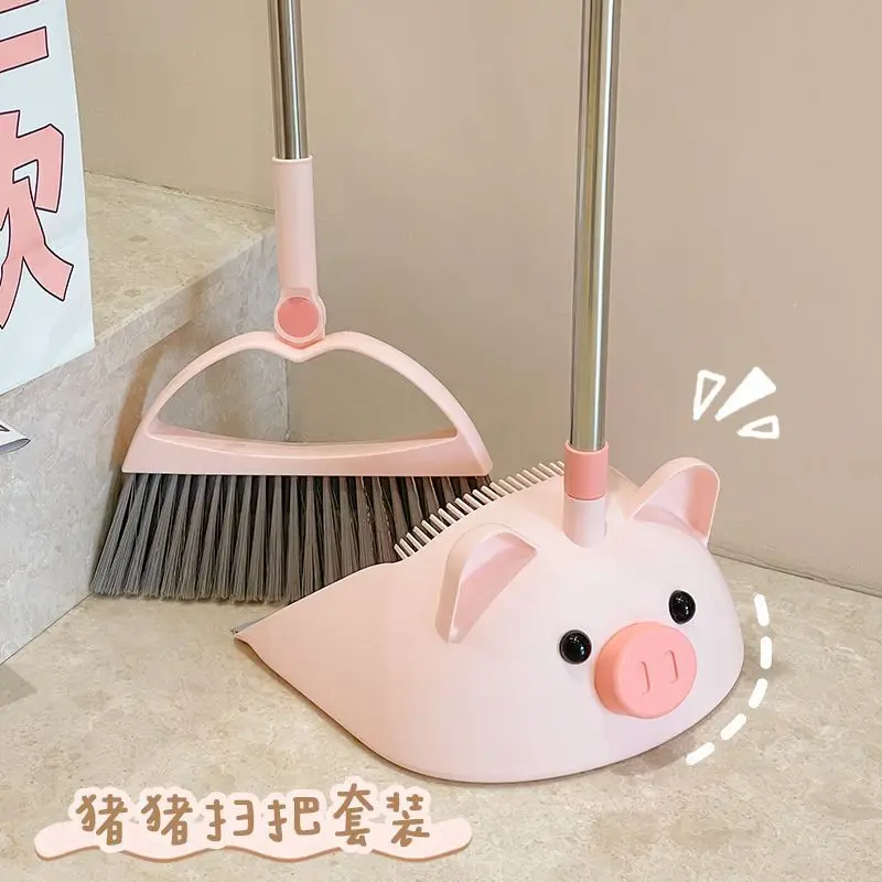 Cute Pig Shaped Broom Set Soft Hair 180 ° Rotating Broom Head Hair Removal Comb Stainless Steel Handle Household Indoor Floor