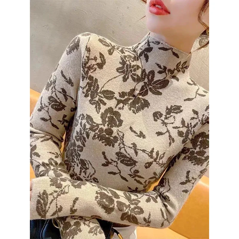 Women Clothing Jacquard Knitted Sweaters Autumn Winter New Vintage Fashion Inside Soft Comfort Knitwear Slim Pullover Tops