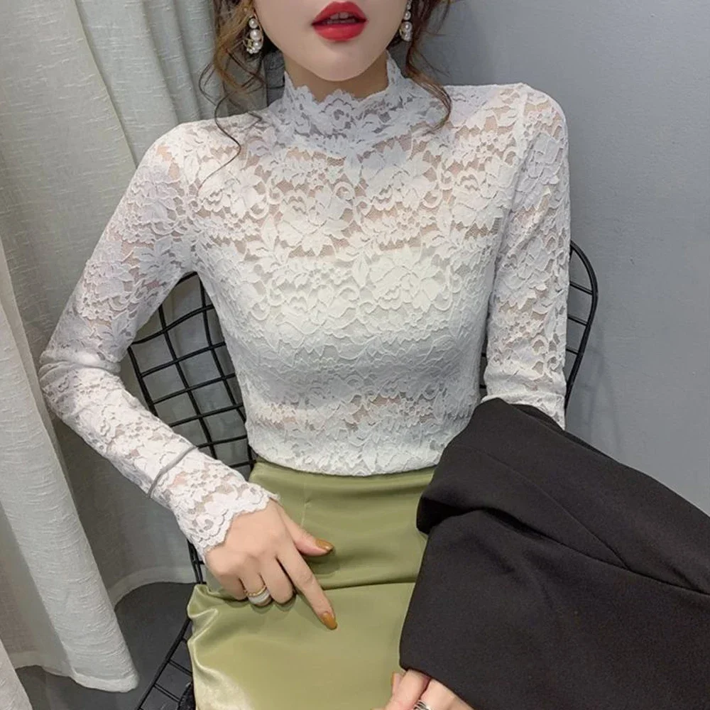 Sexy Women Long Sleeve Lace Blouses High Collar Inner Wear Lace Crochet T Shirt Base Tunic Top Perspective Vintage Bottom Blouse