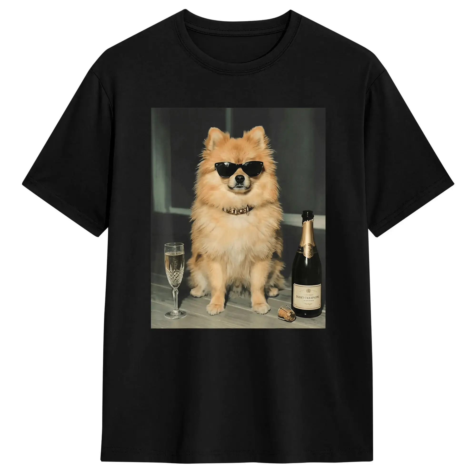 Streetwear T Shirt Pomeranian Drinking Champagne Funny Dog Meme Art Vintage Cotton T-Shirts  Novelty Tee Shirt Short Sleeve Tees