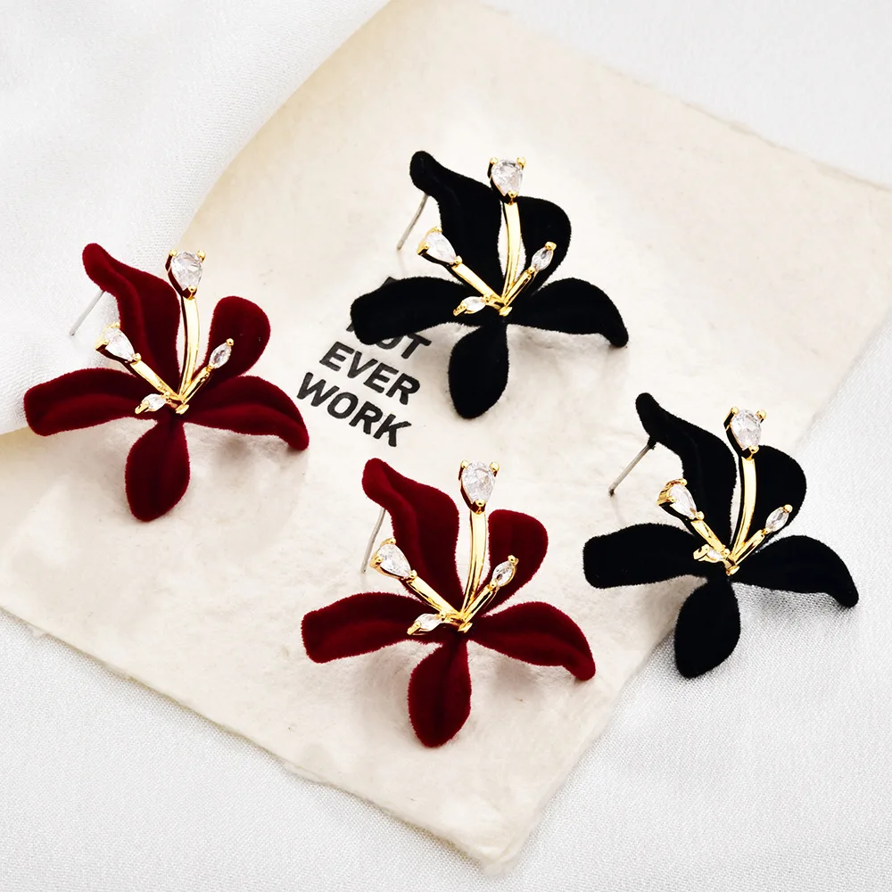 Burgundy flocked flower inlaid zircon earrings temperament elegant stud earrings