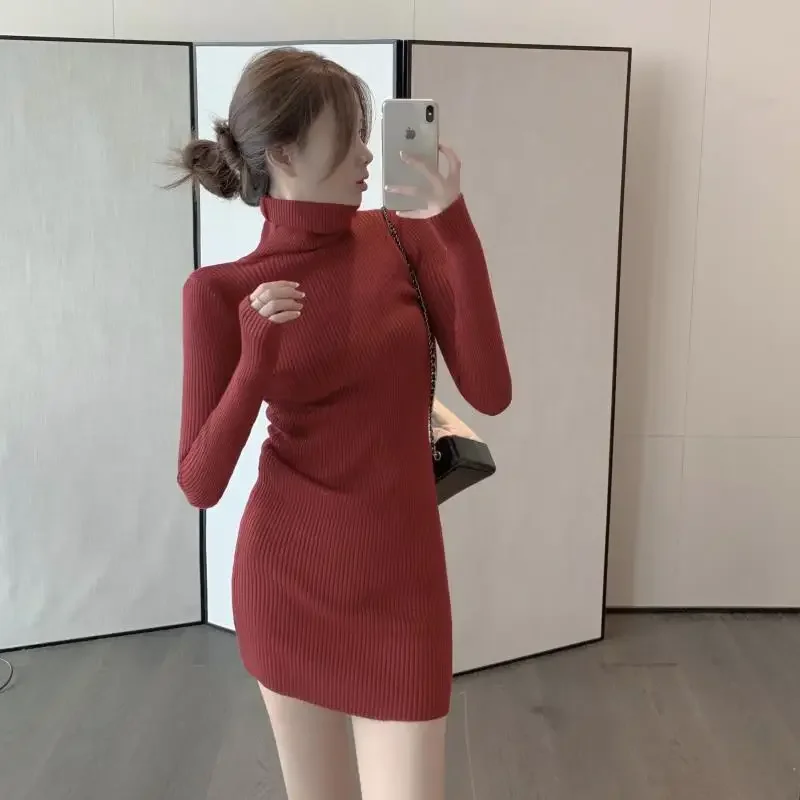 

Short Extreme Mini Turtleneck Clothing Crochet Red Female Dress Solid Women's Dresses Knit Bodycon Hot Cheap Casual Trendy L347