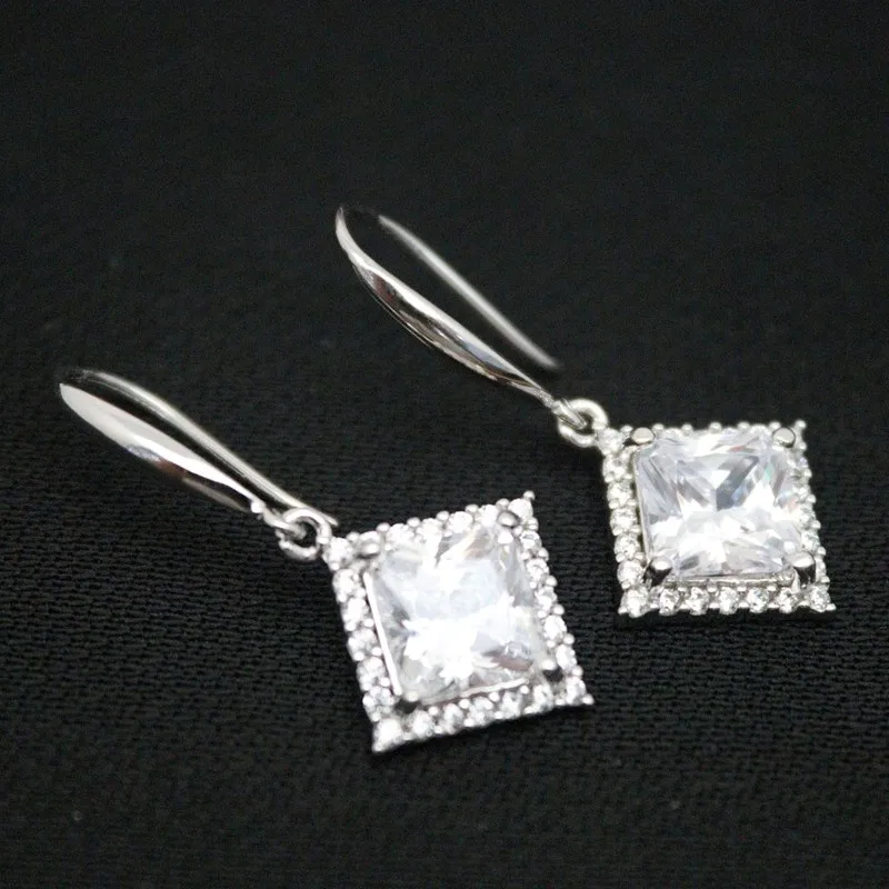 

Real Solid 925 Sterling Silver Dangle Women Lucky Zircon Square Rhomboid Earrings