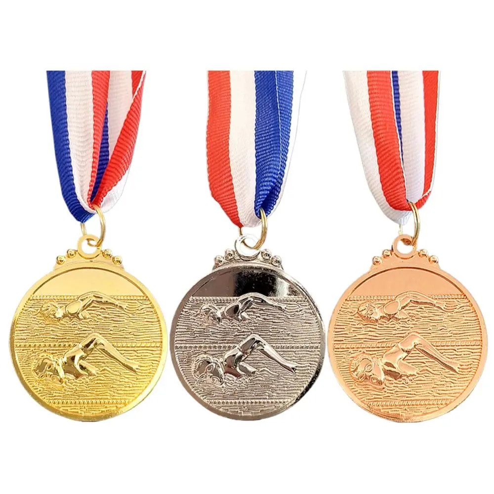 Zinc Alloy Swimming Competition Medal Neck Ribbon 5cm Diameter Winner Round Medal Metal Finish Durable Sports Award