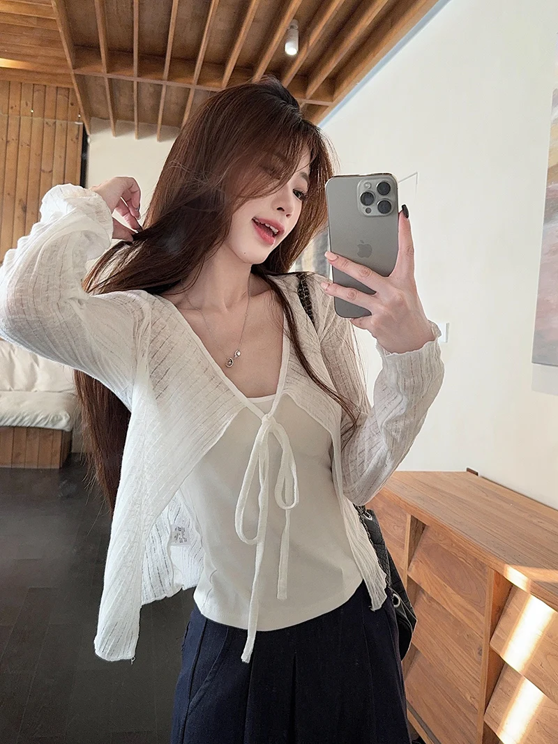 

Off Women's Thin Long Sve Open Cardigan Hollow out Design Korean Sle Casual Outerwear ort Top Spring Autumn