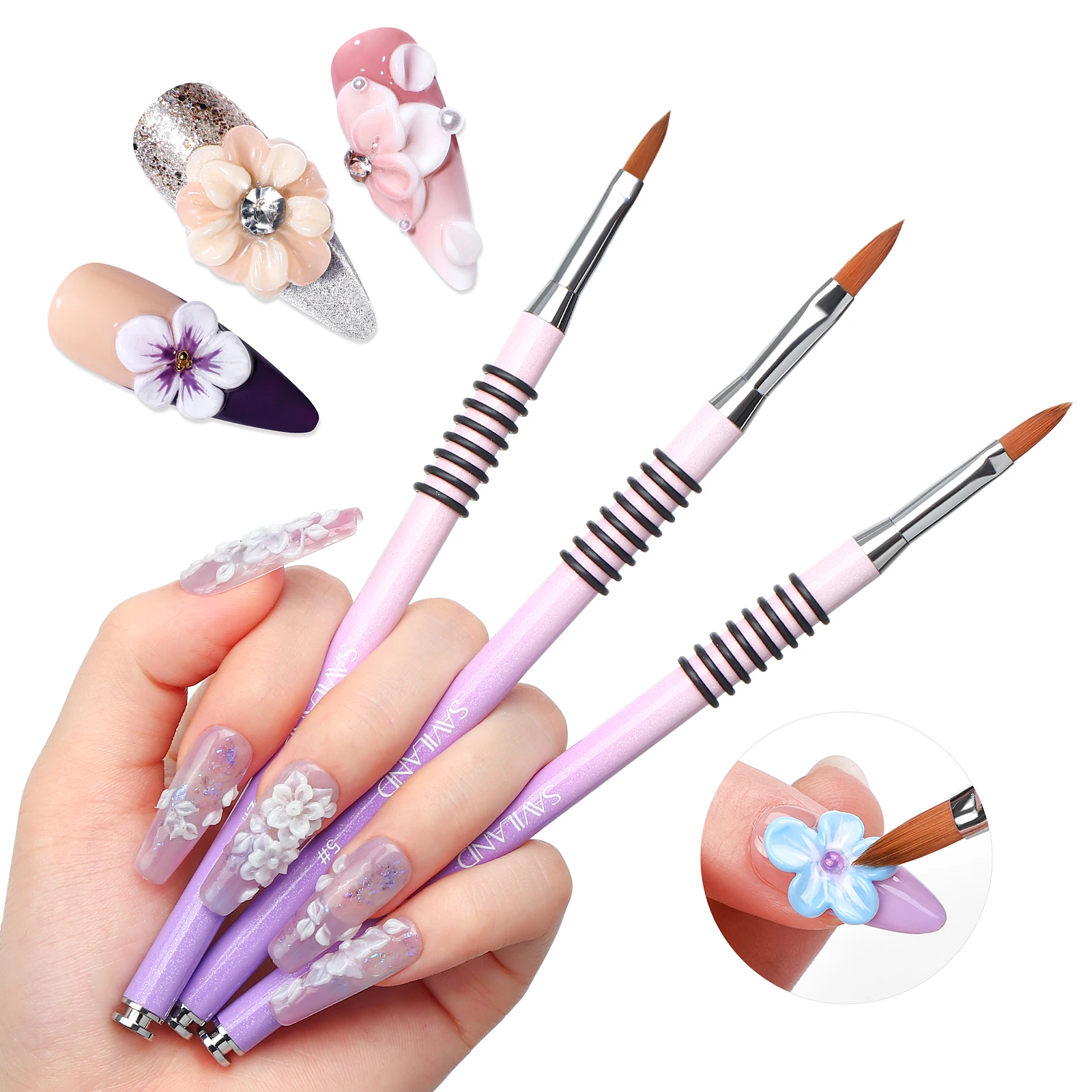 

SAVILAND 3Pcs Kolinsky Nail Brush Set Sizes 2 4 5 Purple Pink Gradient Non Slip Handle for Acrylic Application 3D Flowers