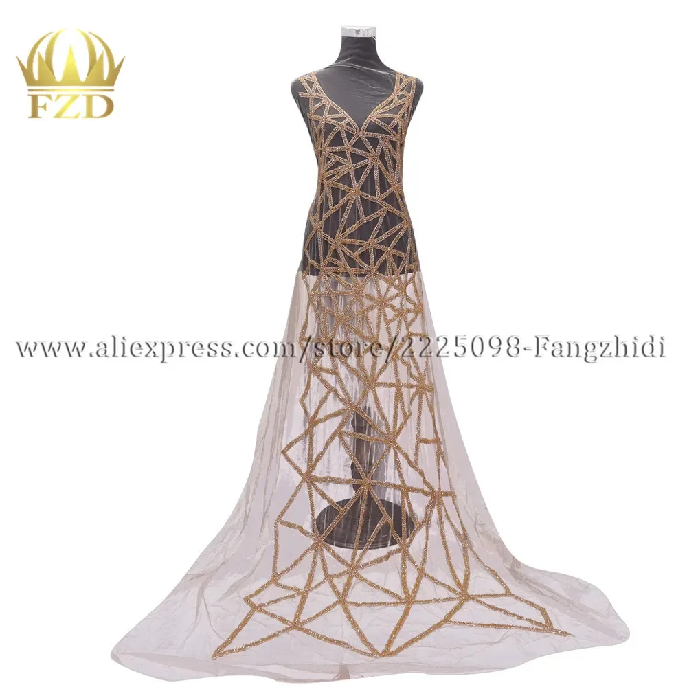 FZD 1 Set Geometric Bugle Beaded Stone Front and back Patches and Rhinestone Craft Trimming for Wedding Dresses Customized DIY