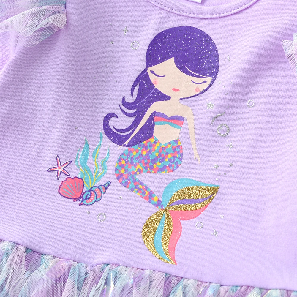 Mädchenkleid in Lavendel-Lila mit Meerjungfrauen-Print, langen Ärmeln, für Herbst und Frühling, glitzernd, geschichtet, für Geburtstagsfeiern, Alltag und Freizeit. – Detail 6