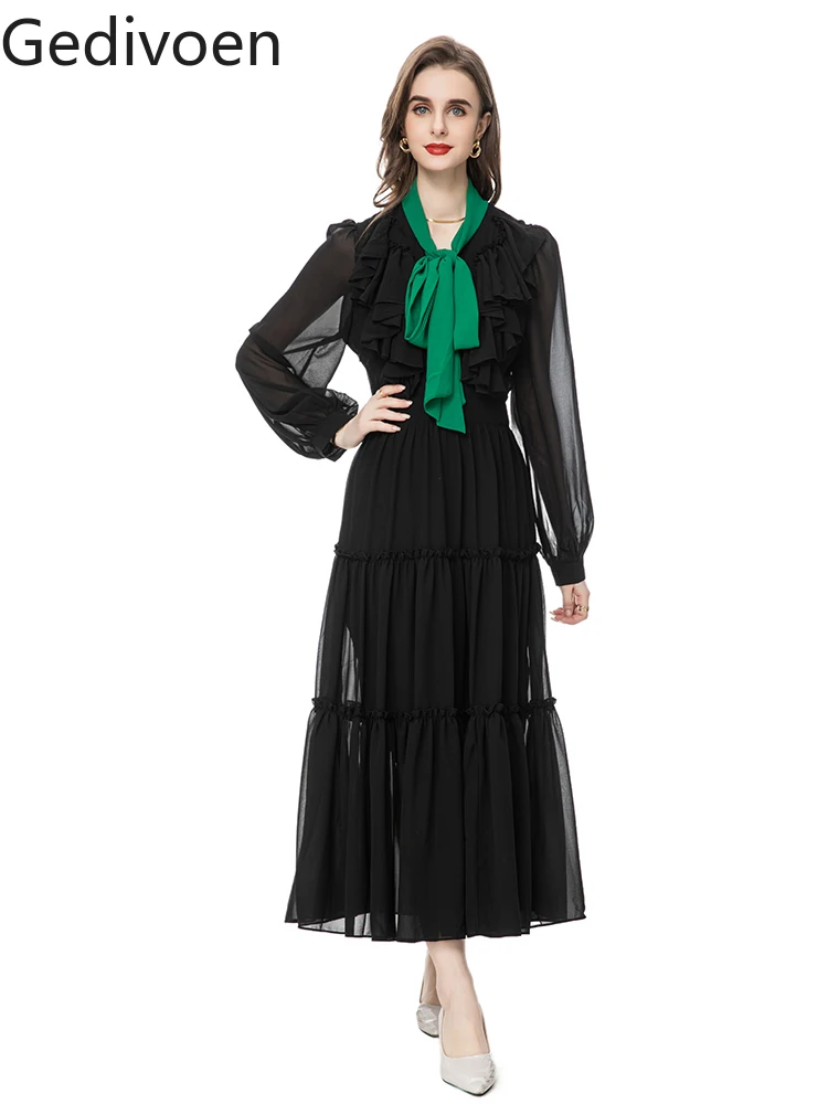 

Gedivoen Fashion Designer Spring Women's Dresses Puff Sleeve Printing Tierred High Quality POLYESTER Elegant long Dress