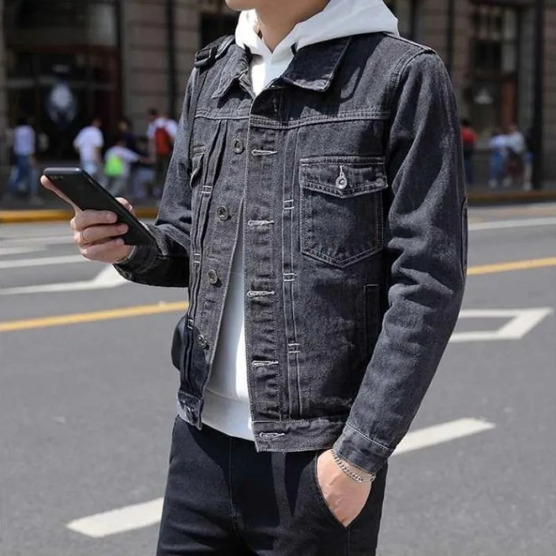 เสื้อโค้ทคาวบอยทรงสลิมฟิตสำหรับผู้ชาย สไตล์เกาหลีใหม่ ของแท้ ดีไซน์ Y2k คุณภาพสูง แฟชั่น ไซส์ L เสื้อแจ็คเก็ตยีนส์ผู้ชายสไตล์โจ๊กเกอร์