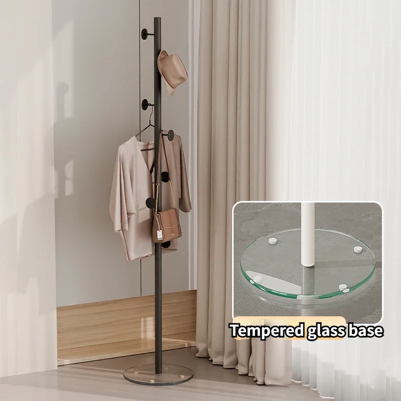 

Coat Rack Floor-standing Living Room Small Apartment Tempered Glass Base Clothing Rack Iron Art Bedroom Simple Bag Storage Shelf