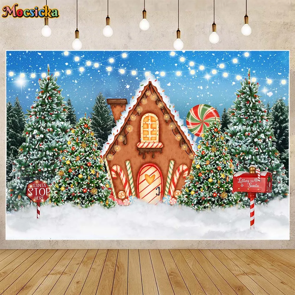 Mocsicka Christmas Backdrop Gingerbread House Winter Snow Xmas Tree Kids Portrait Background for Photo Studio Photography Props