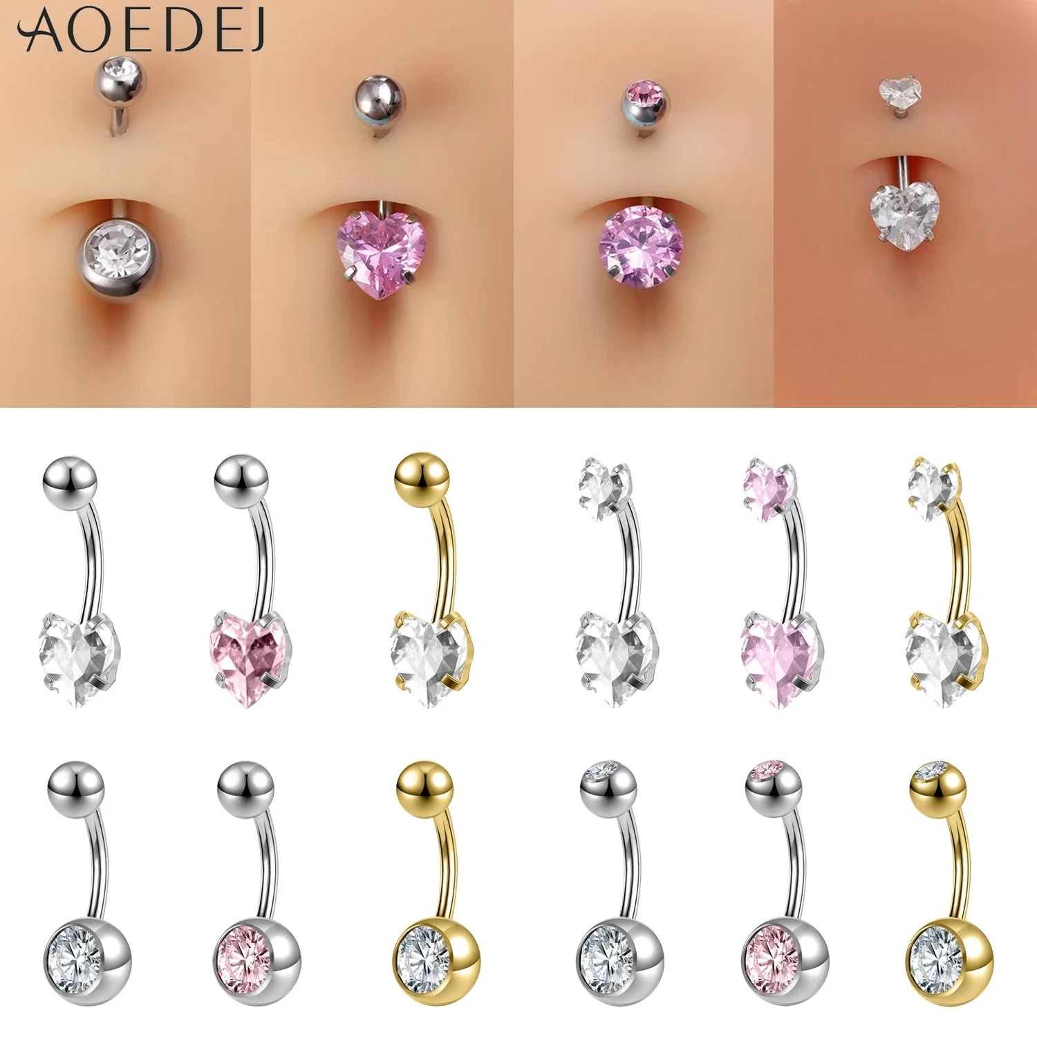 AOEDEJ 1 PC 14G acier inoxydable nombril anneau 6/8/10/12MM courbe nombril anneau CZ cristal ventre Piercing corps Piercing bijoux