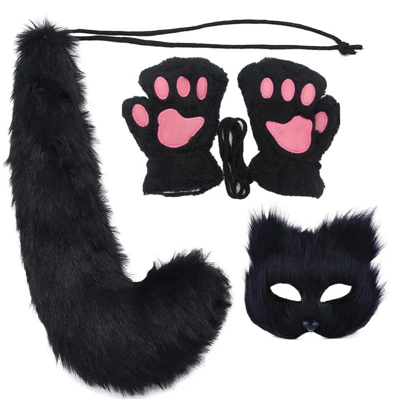 Therian Mask+Tail +Gloves Set Halloween Cosplays Costume Accessorie Fox Mask Tail Half Face Faux Furs Foxes Tail Cats Mask