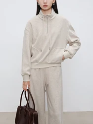 ZIQIAO Women Winter Sweatshirt Sets Female Beige Stand Collar Casual Tops Elastic Waist Long Trousers 24ZQ94378+24ZQ94379