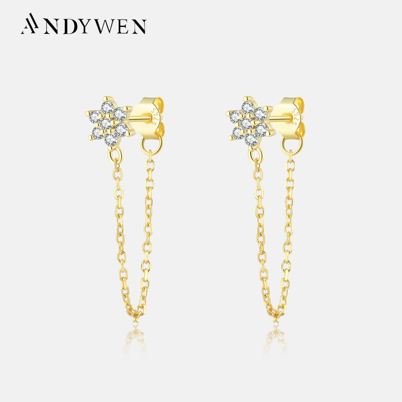 

ANDYWEN 925 Sterling Silver Gold Midnight Chain Stud Earring Wedding Flower Piercing Pendiente Luxury Jewelry Rock Punk