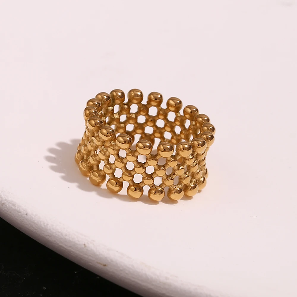 Small Ball Mesh Faced Cross Arranged Ring Water Resistant 18K Gold Plated Decoration 316L Stainless Steel Jewelry