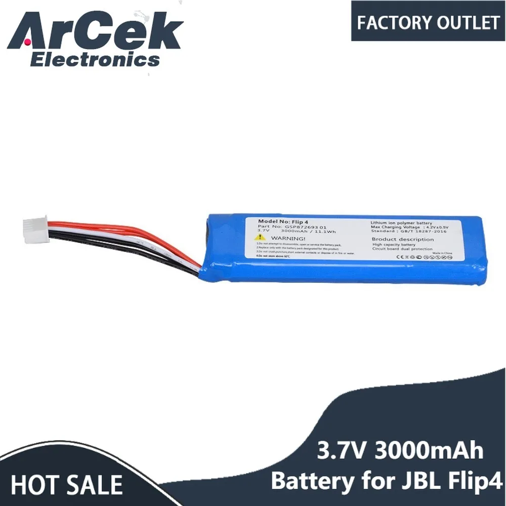 1PCS 3.7V 3000mAh Replacement Battery for JBL Flip4 Model GSP87269301 Bluetooth Speaker High Capacity