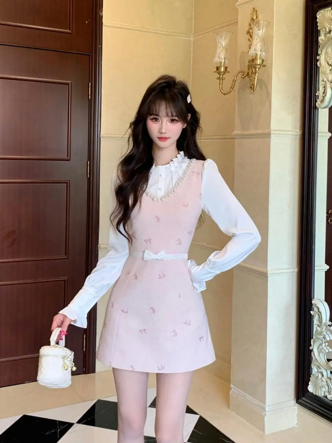 Pink Heavy Work Little Fragrance Style Dress And Coat Set for plus Size Women Summer Commute Korean Style mid High Waist A-Li...
