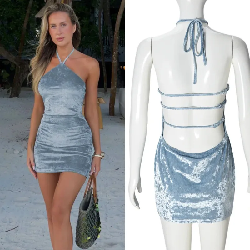 

Sexy Velvet Cut-Out Backless Mini Dress Chic Summer Blue Halter Wrap Stretchy Bodycon Dress Trendy Women's Beach Party Dress New