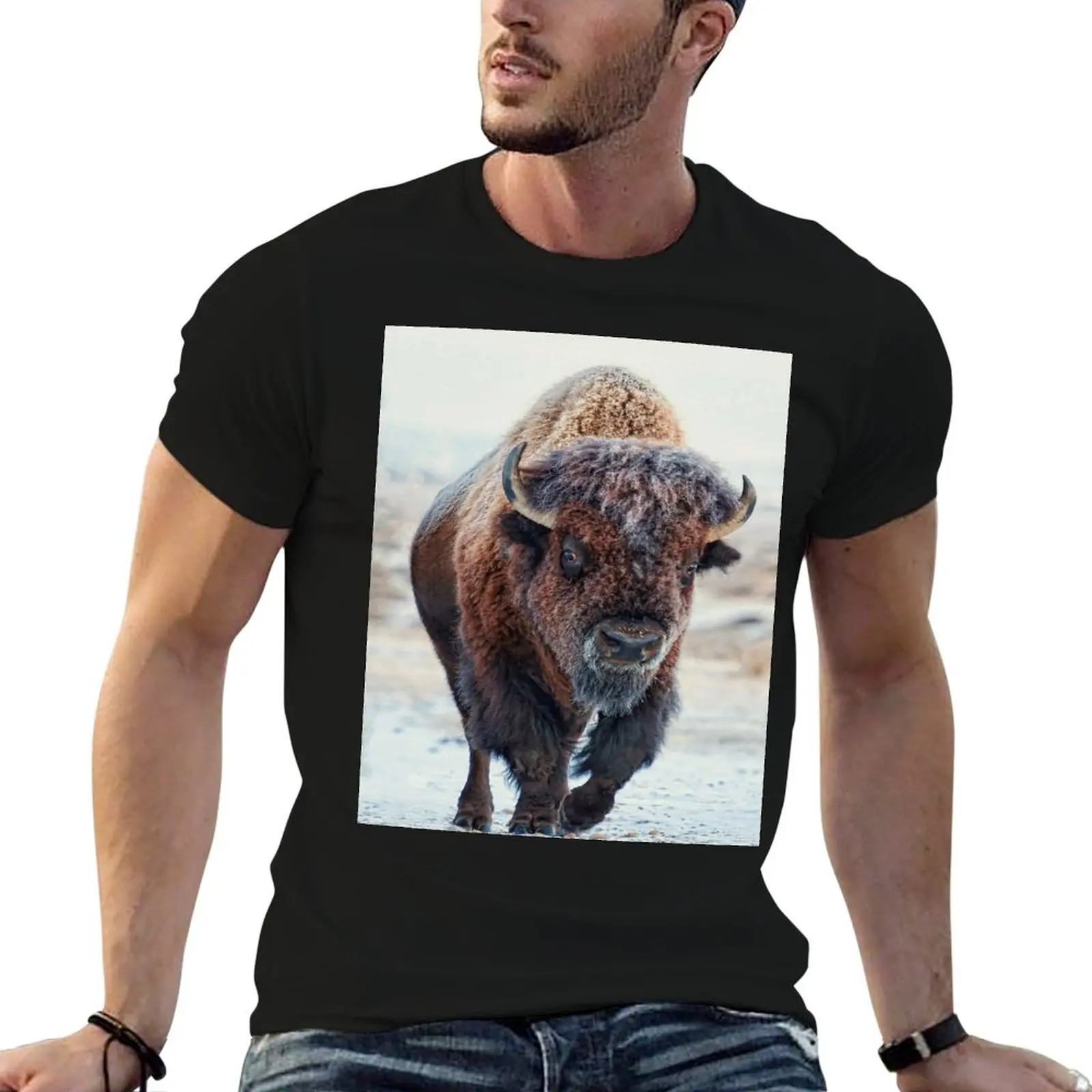 A snow-covered American Bison Roams Yellowstone National Park T-Shirt Plus Size Comfort Fit Tee