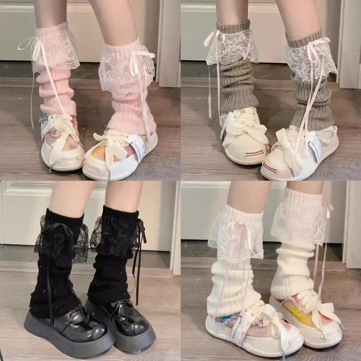 Calentadores de piernas con lazo en el tobillo para mujer, calcetines térmicos de punto elásticos cálidos para invierno, calcetines para botas con puños de lana gruesa, polaina femenina de pantorrilla Lolita