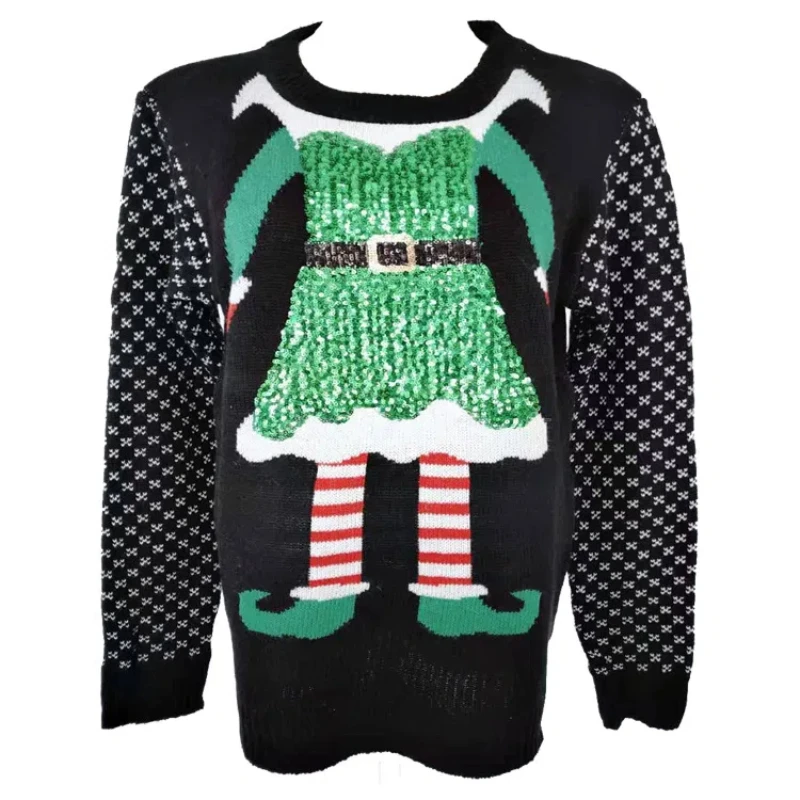 Ladies\' Christmas Santa Jacquard Sweater Cartoon Long Sleeve Pullover Color Block Knitwear Sueter