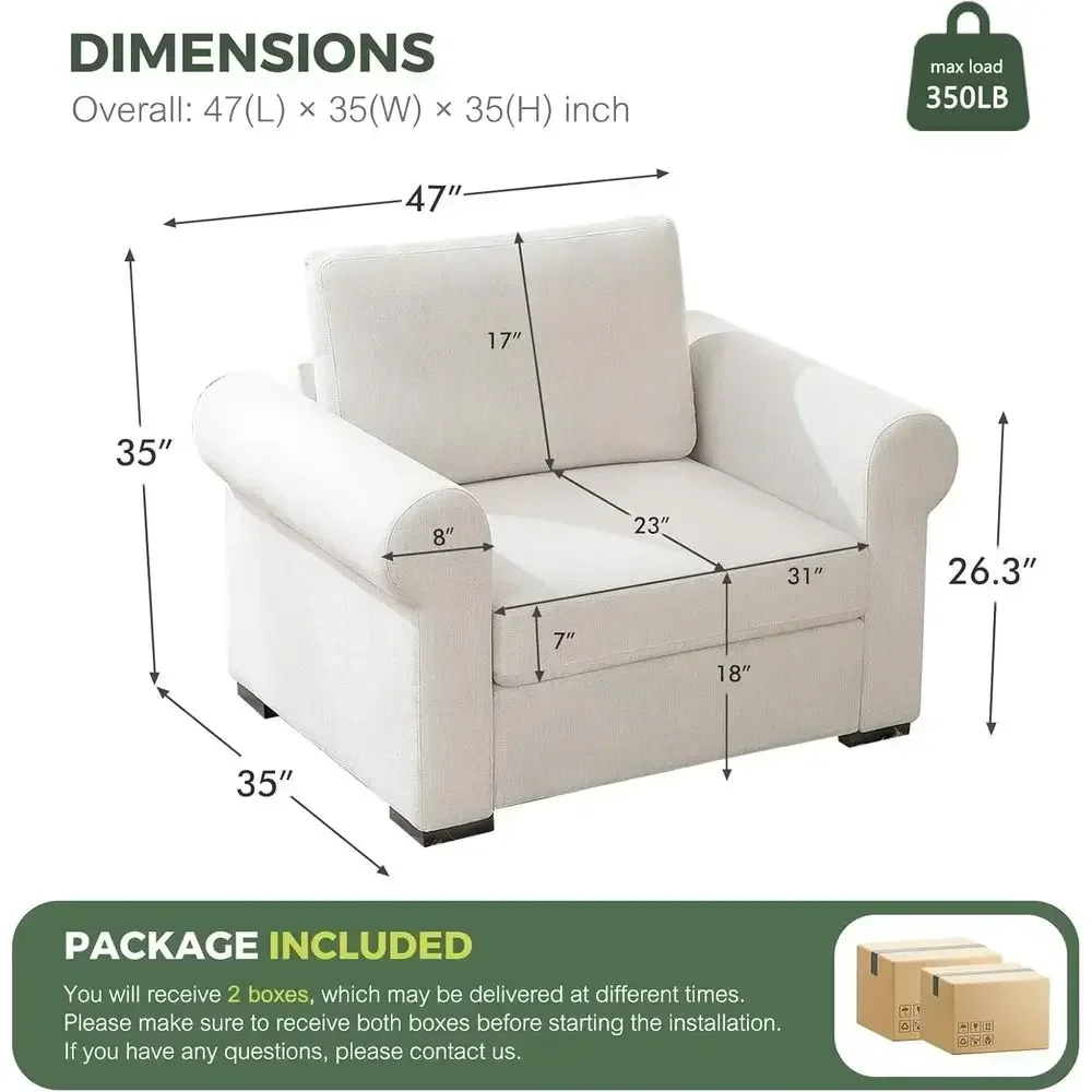 Large Linen Upholstered Chair with Deep Seat, Washable Covers, Ideal for Living Room, Bedroom, or Office, Ivory