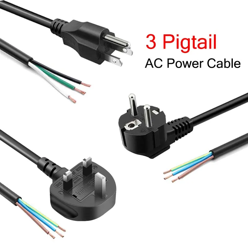 

3Pin Pigtail AC Power Cable EU US AU UK Standard 3Prong Bare Tail AC Connector Electrical Line 3*0.75 1.0 1.5 Square Copper Wire