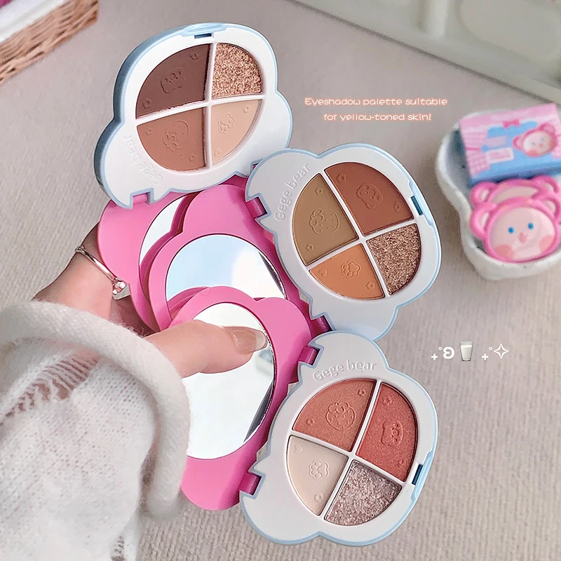 Gege Bear Cute Bear 4 Colors Eyeshadow Palette Matte Shimmer Glitter Nude Warm Tone Easy Blend Pigmented Portable With Mirror Lo